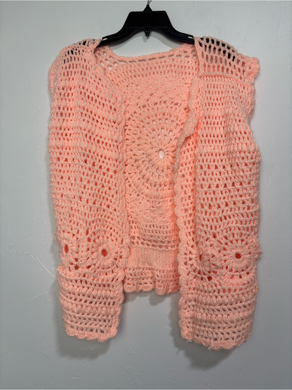 Handmade Crochet Peach Shimmer Sweater Vest Open Front Cardigan Hippie Boho